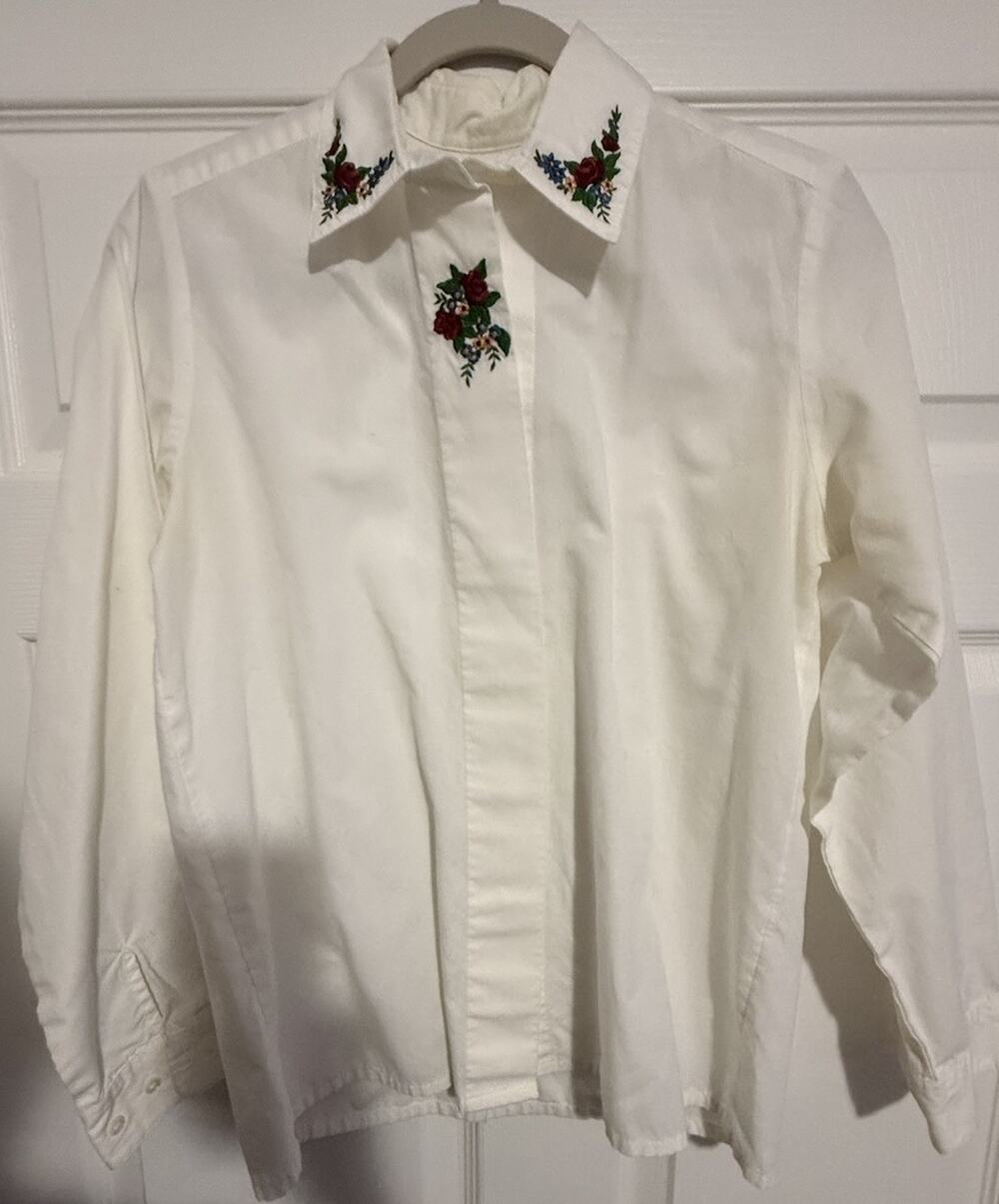 WITT Women's White Vintage Woven Embroidered Floral Collared Button-Up LS Size 8
